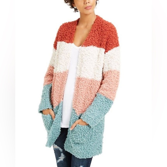 Hippie Rose Cozy Colorblocked Open Front Cardigan Fleetwood Combo Stripe Size M - Picture 11 of 11